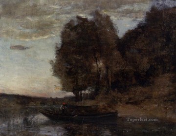  Romanticism Oil Painting - Fisherman Boating along a Wooded Landscape plein air Romanticism Jean Baptiste Camille Corot
